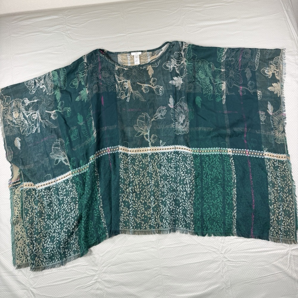 J. Jill Women XL-3X Green Floral Patchwork Poncho Top Fringed Gauze Pullover